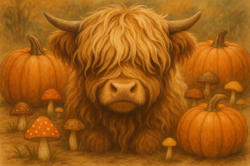 face of a highland cow with a pumpkin and little mushrooms growing around with little tufts of grass